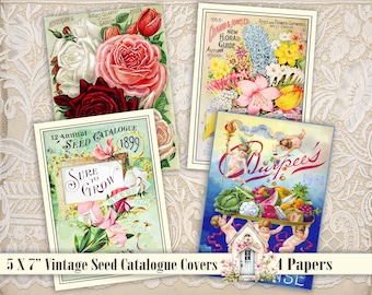 Puede incluir: Cuatro portadas de catálogos de semillas vintage. Las portadas presentan ilustraciones coloridas de flores y verduras. El texto en las portadas incluye los nombres de las empresas de semillas, el año de publicación y la frase "Sure to Grow".