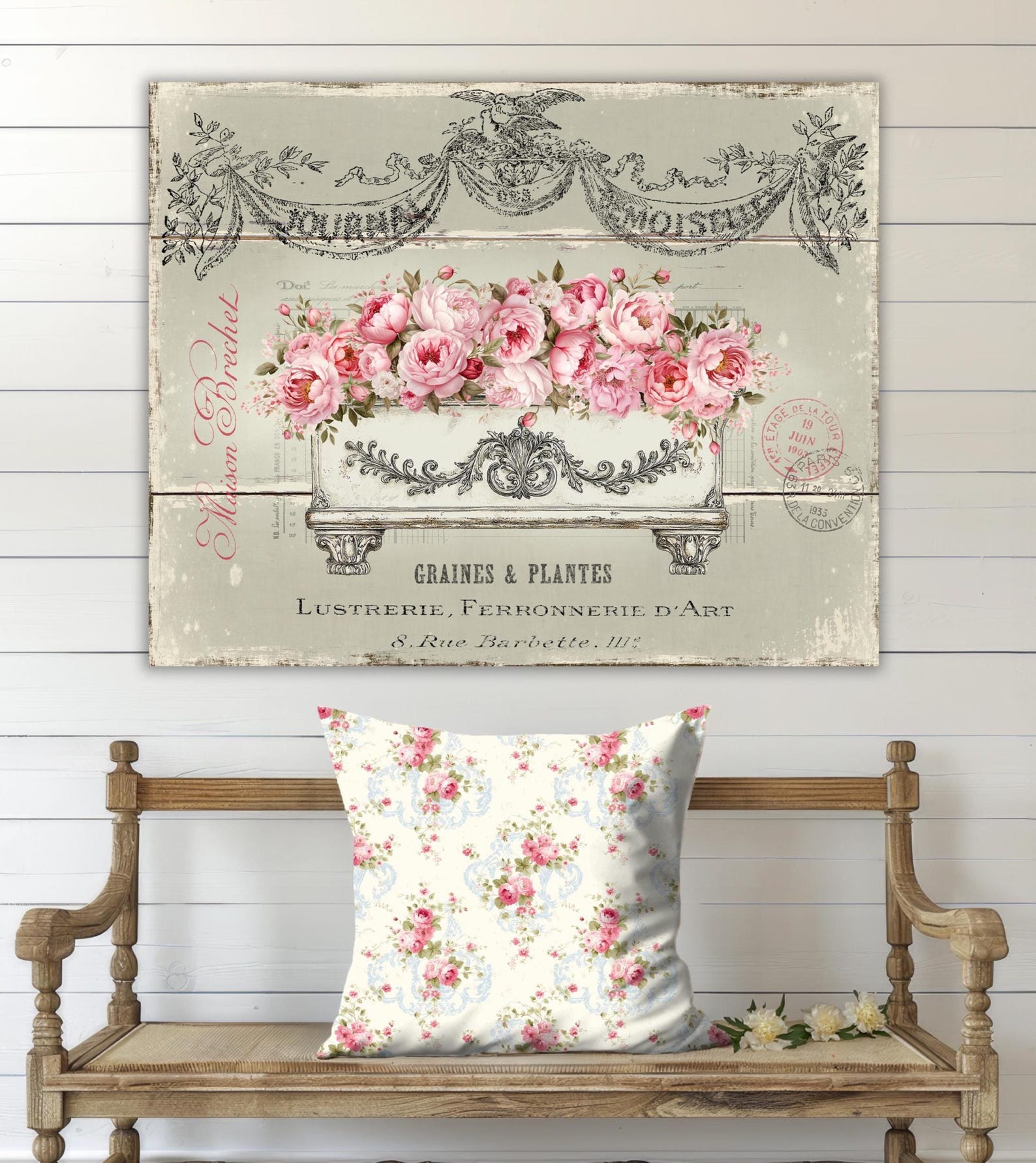 French Pink Roses Shabby Chic Wall Art Print: Cottagecore Decor ...