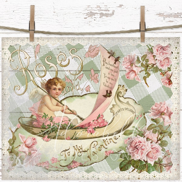 Valentine's Day Printable Digital DIY Victorian Cupid Print Shabby Chic Pink Roses Lace Tiered Tray Wreath Vintage Decor Cottagecore