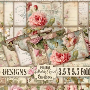 Shabby Chic druckbare 3.5x5.5 Digital Rosa Rosensträuße Umschläge DIY Schreibwaren Land Französisch Bauernhaus Cottage 10 Designs Junk Journal
