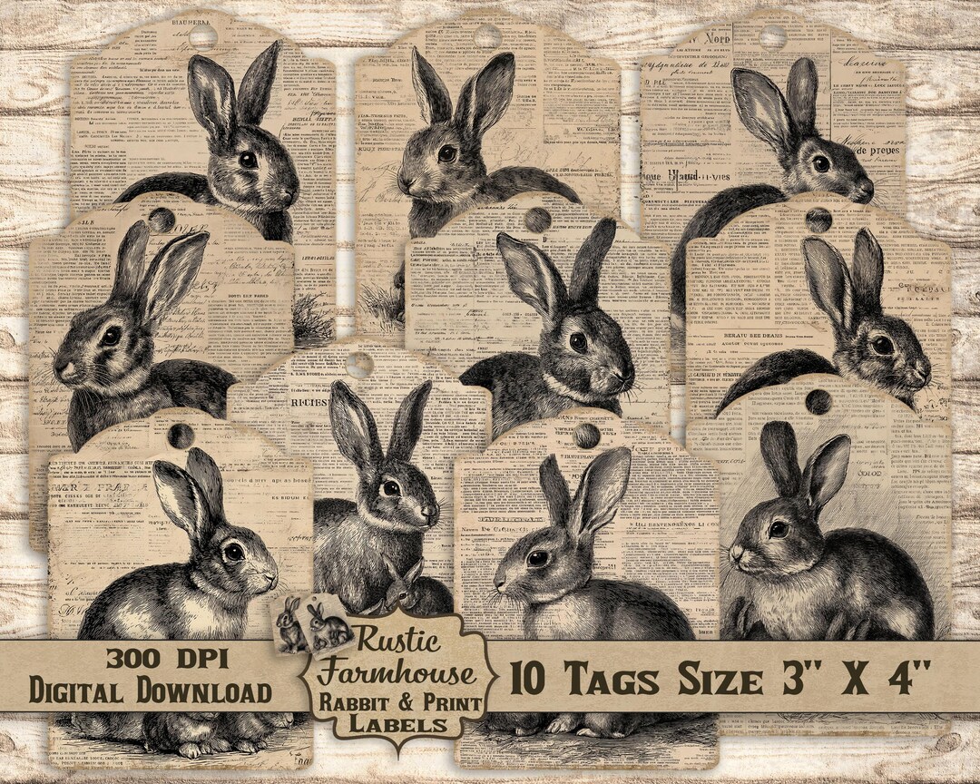 Rustic Bunny Tags Printable | Farmhouse Easter Labels | Vintage Rabbit ...