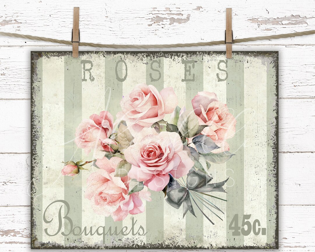Pink Rose Bouquet Print: Shabby Chic Cottagecore Wall Art (digital ...