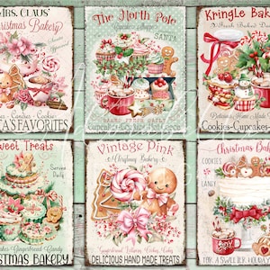 Natale Bakery Holiday Papers Tag Digital Collage Sheet Vintage Cards 3x3.75 Journal Wreath Decor Stampabile Cottagecore Shabby Chic