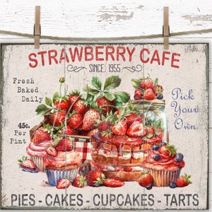 Strawberry Cafe Sign Digital Print: Vintage Farmhouse Kitchen Decor (Digital Download)