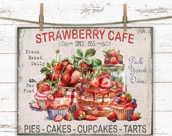 Strawberry Cafe Sign Digital Print: Vintage Farmhouse Kitchen Decor (Digital Download)