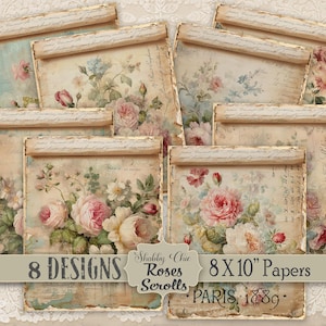 Shabby Chic Roses afdrukbare digitale rollen Paper Pack DIY junk Journal land Franse boerderij 8 x 10 plakboek Cottage Craft 8 ontwerpen