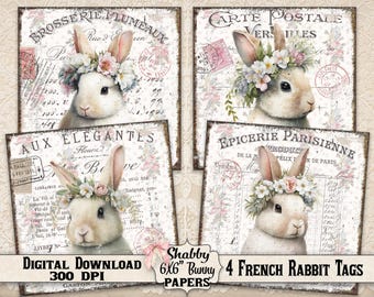 French Country Bunny Prints: Shabby Chic Easter Decor 6X6" (Digital Download)