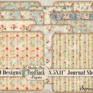 Shabby Chic Feed Sack Roses Stampabile Digital Paper Pack Fai da Te Junk Journal Vintage Feedsack Country Folk Art Farmhouse 8.5X11" Rustico Cottage