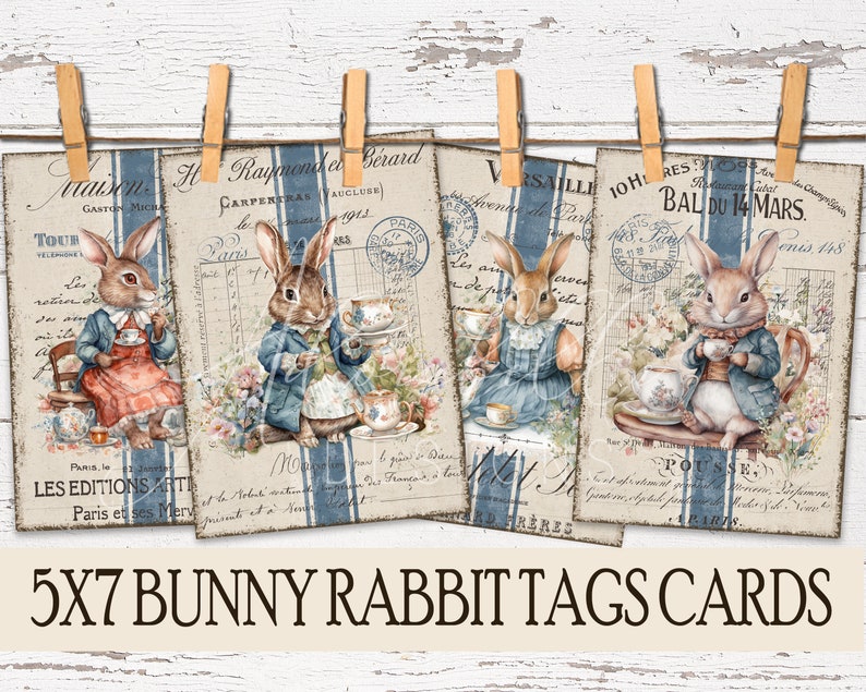 May include: Four printable 5x7 inch cards featuring vintage-style illustrations of bunnies holding teacups. The cards have a blue and white striped background with French text.