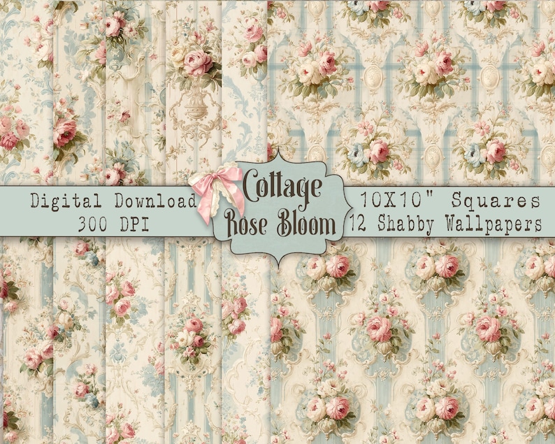 Shabby Chic Floral Digital Paper Pack: Vintage Rose Cottage (10x10" JPG ...