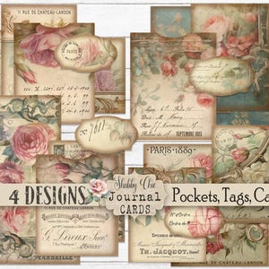 Shabby Chic Junk Journal Imprimível DIY Bolsos Cartões Etiquetas 3x4 Etiquetas Digitais Rosas Papelaria Country French Farmhouse Cottage 4 Designs