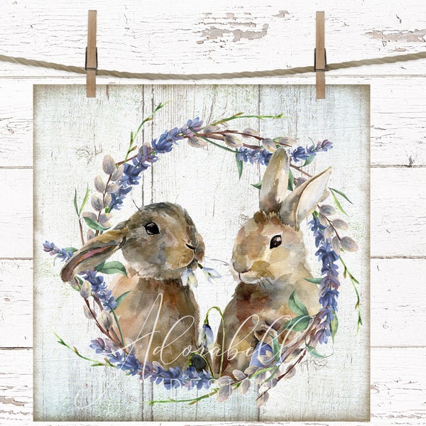 Easter Printable DIY Digital Print Brown Bunnies Lavender Wreath Tiered Tray Transfer Decor Cottagecore Mini Sign Rustic Junk Journal Page