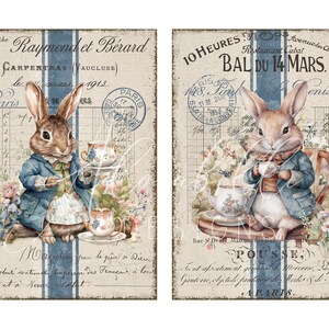 May include: Two vintage postcards featuring illustrations of a brown rabbit wearing a blue jacket and holding a teacup. The first postcard has the text "H the Raymondet B&eacute;rard CARPENTRAS (VAUCLUSE) le Paris DE 1913 PARIS" and the second postcard has the text "10 HEURES VLOOS Restaurant Cubat Avenue des Champs Elyseey BAL DU 14 MARS. enis, 148 Rue St Denis, Malton des a POUSSE tont aprestament groundrele Mercern, Parfumerne, panteric, ob petale fantaisie der Westes & cho. "Vim, hs APARIS".