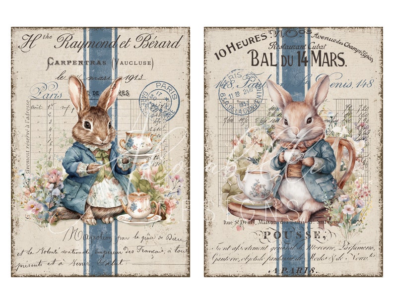 May include: Two vintage postcards featuring illustrations of a brown rabbit wearing a blue jacket and holding a teacup. The first postcard has the text "H the Raymondet B&eacute;rard CARPENTRAS (VAUCLUSE) le Paris DE 1913 PARIS" and the second postcard has the text "10 HEURES VLOOS Restaurant Cubat Avenue des Champs Elyseey BAL DU 14 MARS. enis, 148 Rue St Denis, Malton des a POUSSE tont aprestament groundrele Mercern, Parfumerne, panteric, ob petale fantaisie der Westes & cho. "Vim, hs APARIS".