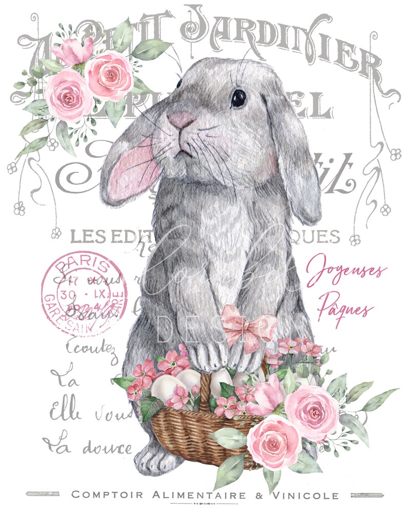 May include: A gray bunny rabbit holding a basket of pink and white flowers and eggs. The bunny is standing on a white background with text that reads "Le Petit Jardinier" and "Joyeuses Paques".