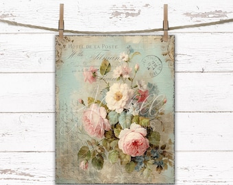 Shabby Chic Rose Bouquet Print: French Country Farmhouse Art (Digital Download)