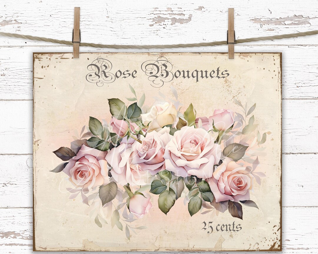 Shabby Chic Pink Rose Bouquet Print: Vintage Cottage Decor (digital ...