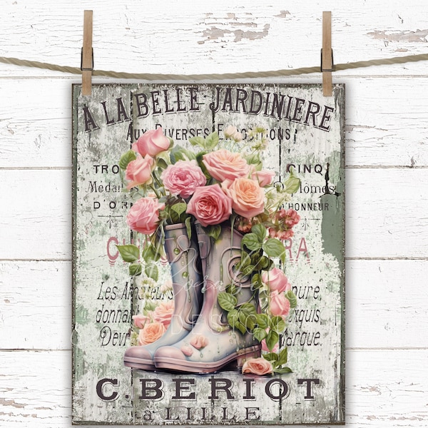 Rustic Farmhouse Garden Boots Wellies Digital Print Transfer, Shabby Chic Pink Roses, Tiered Tray Cottagecore Decor Distressed Wood Sign