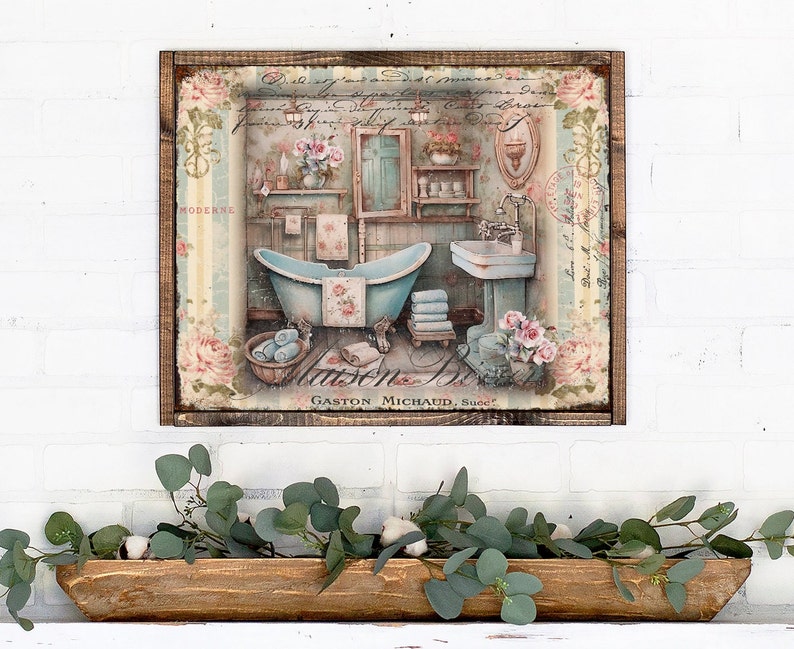 Shabby Chic Bathtub Print: French Country Pink Roses Bathroom Decor ...