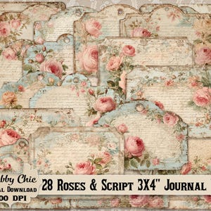 Pode incluir: Um conjunto de 28 etiquetas de diário em estilo vintage, cada uma com 7,6 x 10,2 cm. As etiquetas apresentam uma estética envelhecida e desgastada com um esquema de cores azul claro e creme. São adornadas com rosas cor-de-rosa e escrita manual.