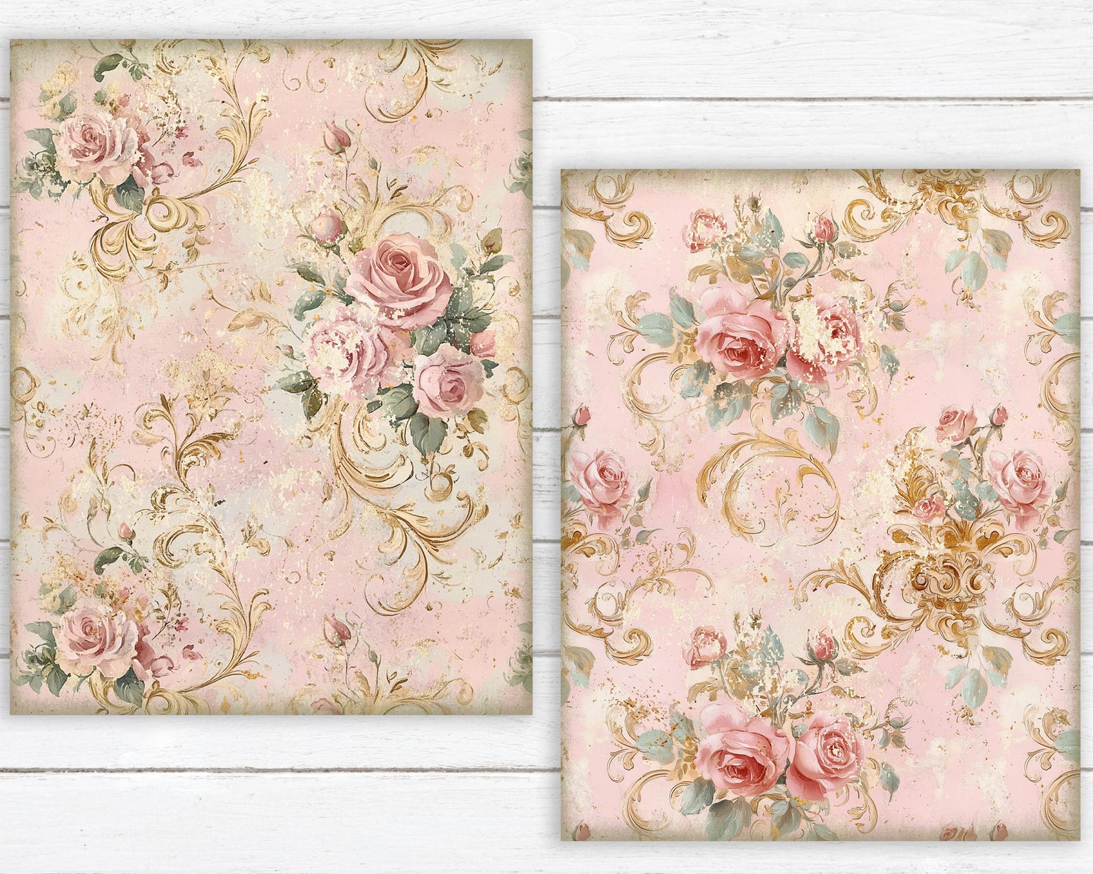 Shabby Chic Rococo Roses Digital Paper Pack: French Cottage DIY (8.5x11 ...