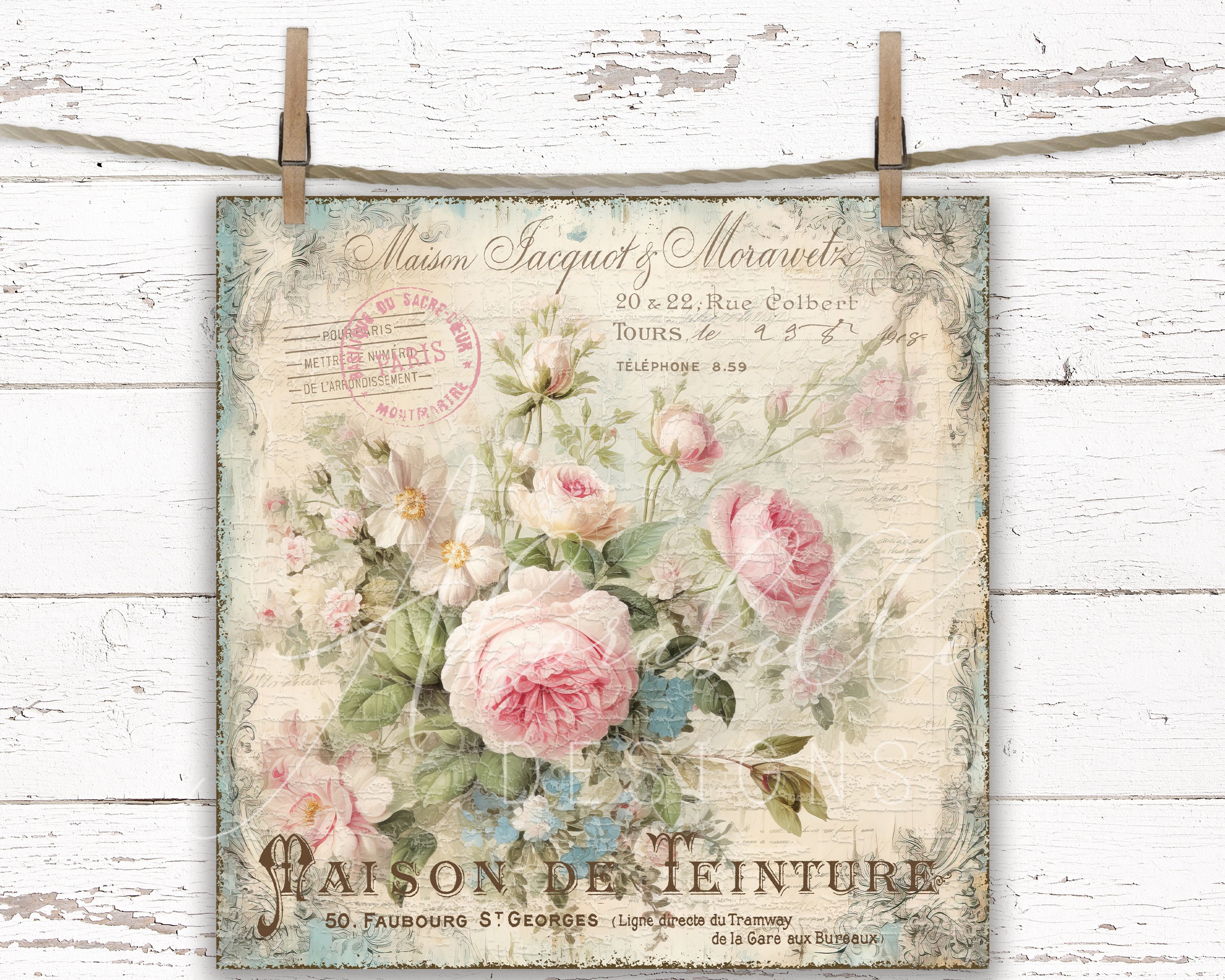 Tableau sur toile, rose fleurs shabby chic 40x40