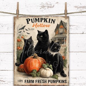 May include: A vintage-style sign featuring three black cats, pumpkins, and a haunted house. The sign reads "Pumpkin Hollow" with "Farm Fresh Pumpkins" at the bottom. The artwork has a rustic, aged appearance, perfect for Halloween decor.