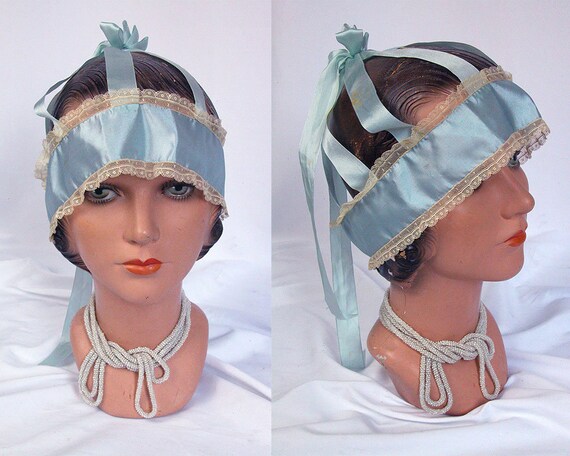 1920s Boudoir Cap Bandeau ~ 20s Steel Blue Silk &