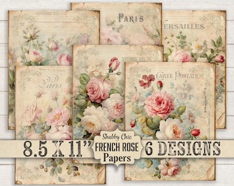 May include: Six vintage-style printable papers featuring a floral design with roses in shades of pink, white, and cream. The papers are 8.5 inches by 11 inches and have a shabby chic aesthetic. The text "Paris" and "September 1823" are visible on the papers.