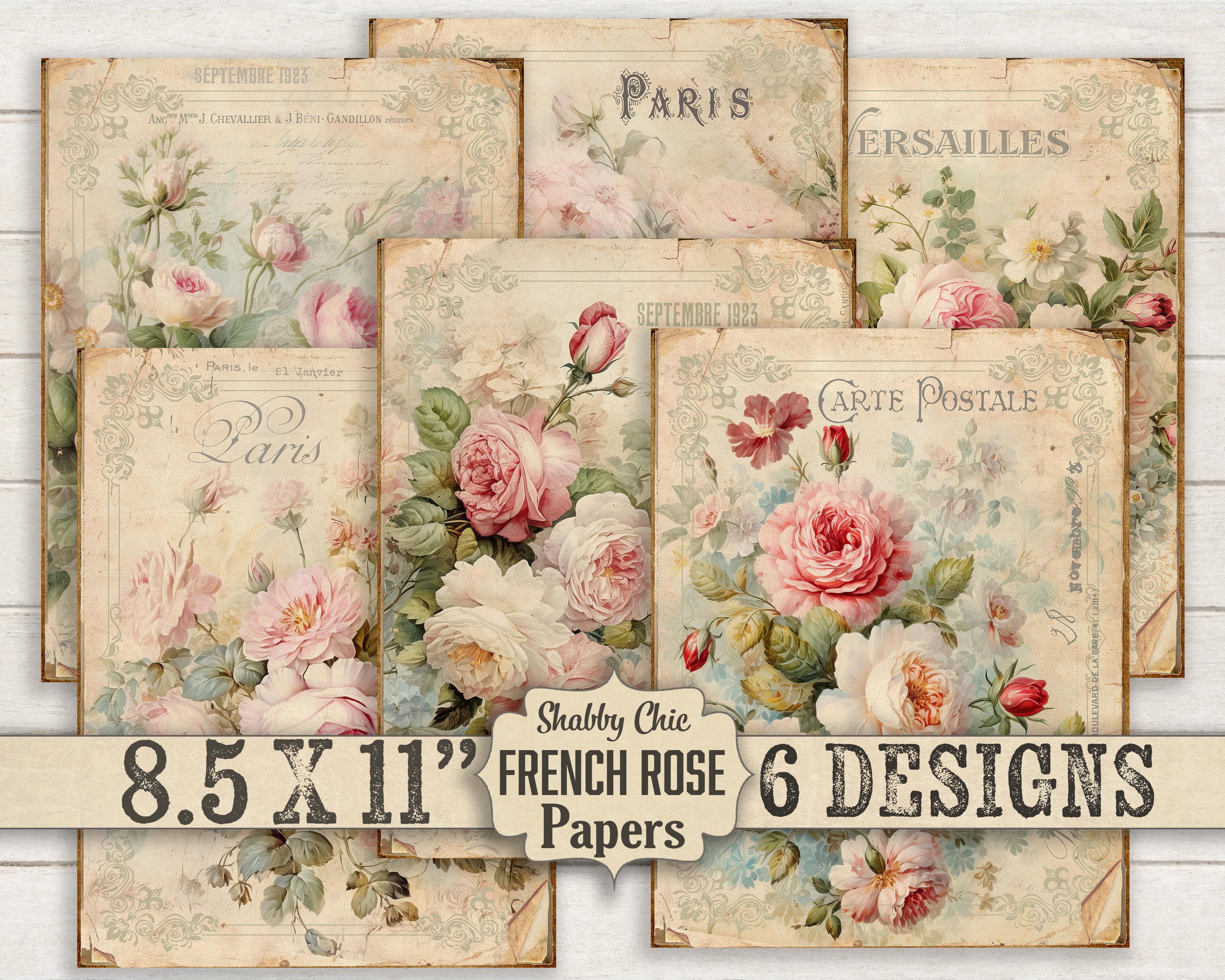 Shabby Chic Pink Roses Digital Paper: French Farmhouse Journal Pages (8 ...