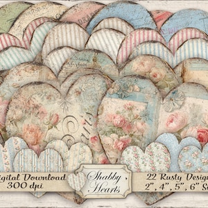 Könnte beinhalten: Eine Sammlung von verwitterten herzförmigen Designs in verschiedenen Größen mit Vintage-Blumen- und Streifenmustern. Die Farbpalette umfasst sanfte Blau-, Rosa- und Cremetöne. Der Text "Shabby Hearts" und "22 Rusty Designs 2", 4", 5", 6" Sizes" ist enthalten.