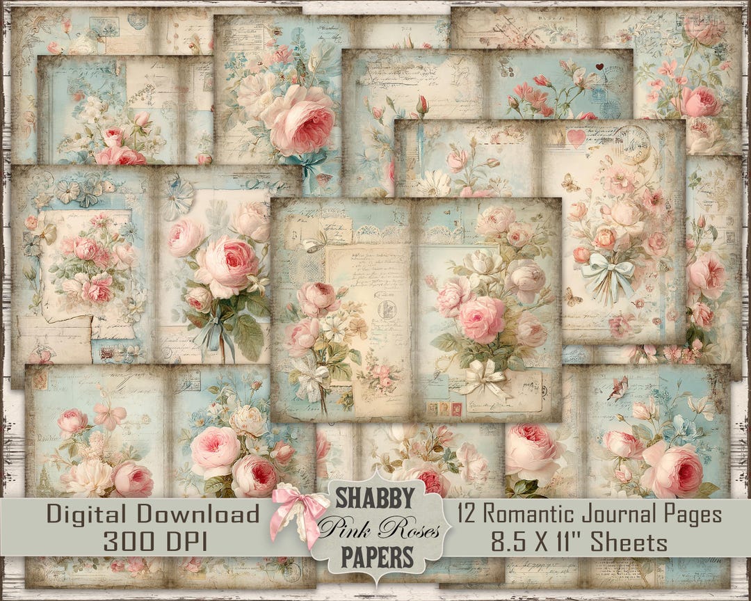 Shabby Chic Roses Digital Paper Pack: Romantic French Floral Sheets (8 ...