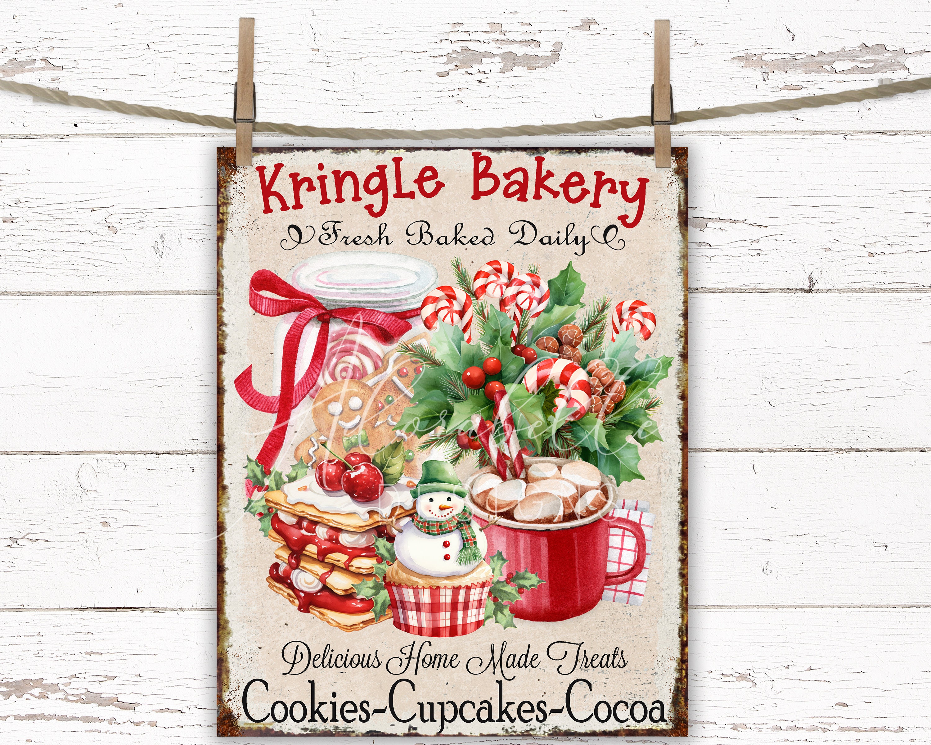 Christmas Bakery Digital Farmhouse Sign Kringle Bakery Print DIY Rustic Decor Transfer Red Green Shabby Chic Cottagecore Tiered Tray Wreath