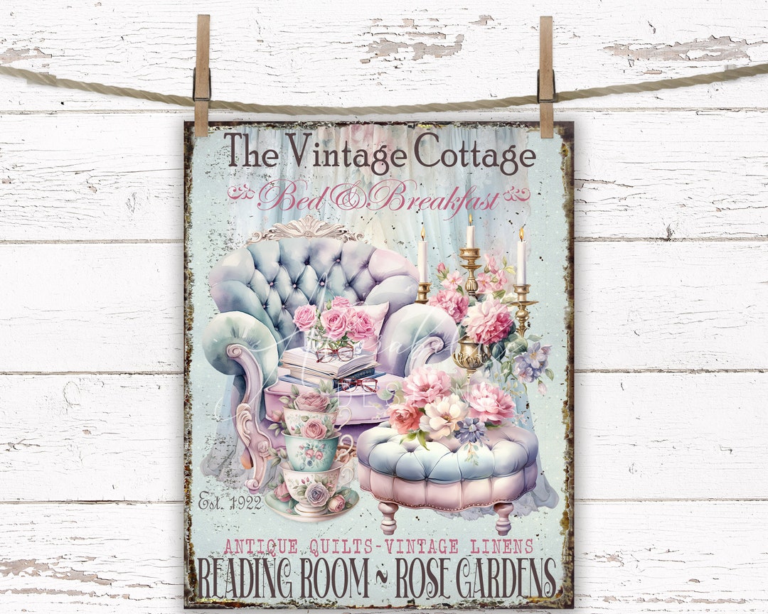 Pink Roses Cottage Sign: Shabby Chic Teacups Decor (digital Download ...