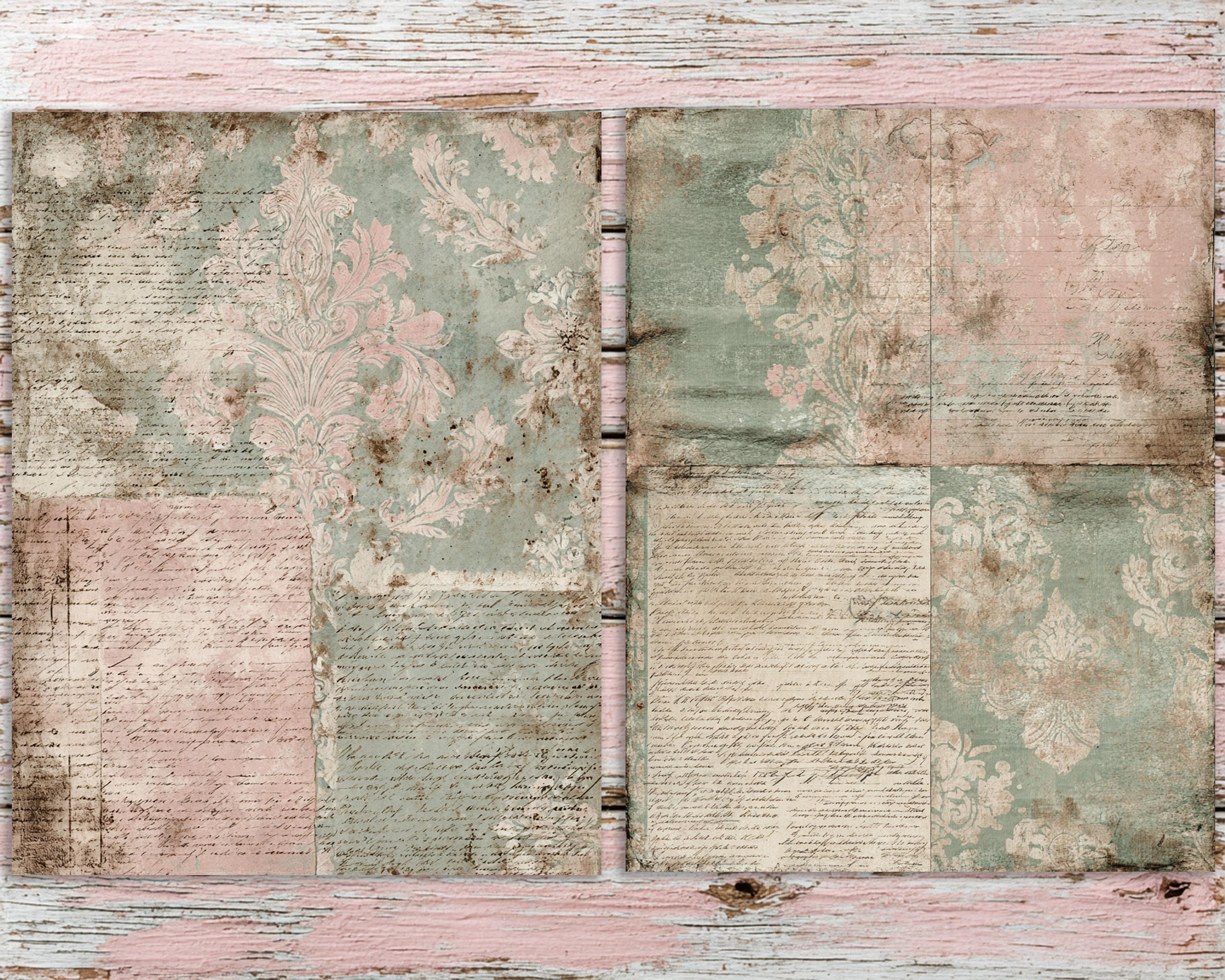 Empherma Script Paper Shabby French Antique Script Journal Pages | Sage Damask Paper Pack ...