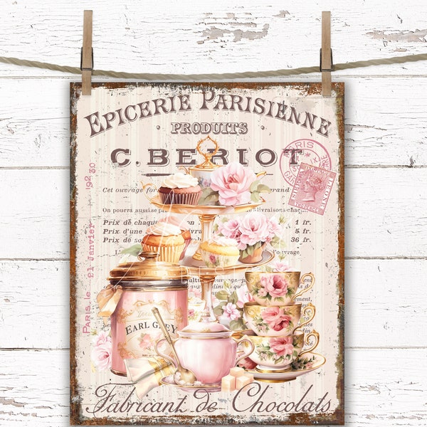 Shabby Chic Tea Party Pink Roses Digital Sign Print Transfer, Farmhouse Metal DIY Tiered Tray Decor Pink Kitchen Earl Gray Tea Cups Cupcakes