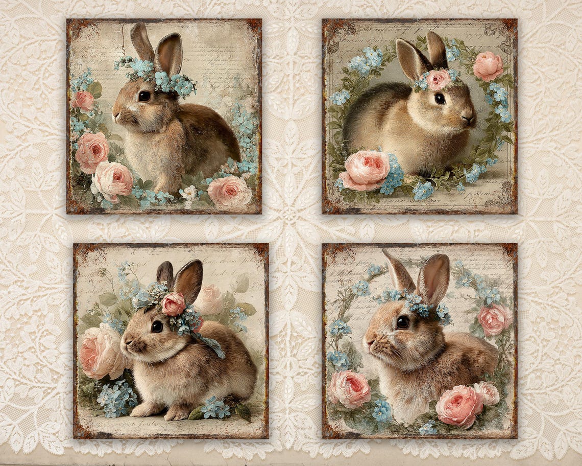 Vintage Rabbit Pattern 4x4 Vintage Bunny Printable: Victorian Floral Rabbit, Shabby Chic ...