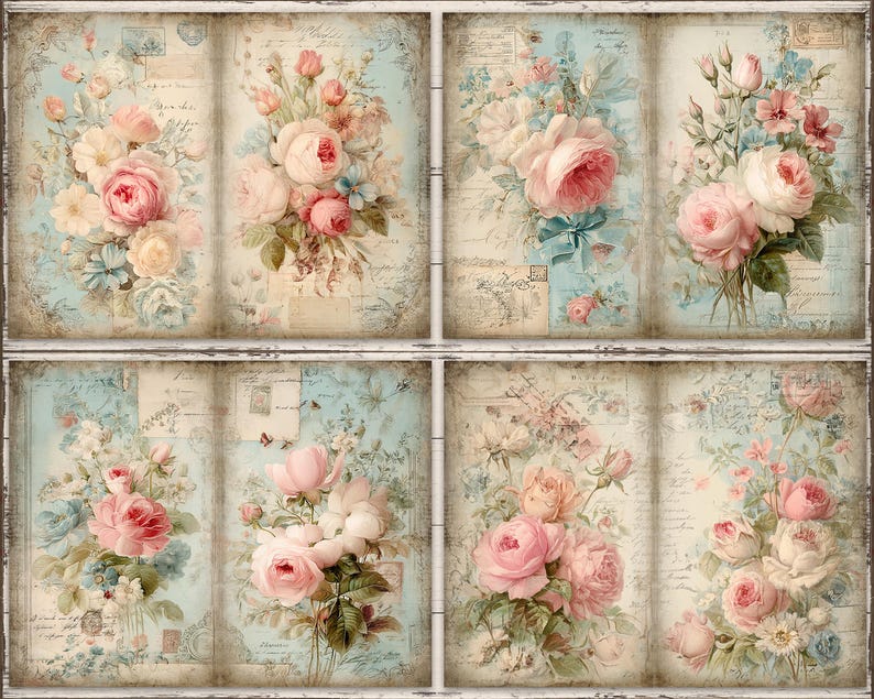 Shabby Chic Roses Digital Paper Pack: Romantic French Floral Sheets (8 ...