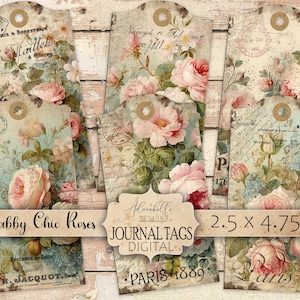 Shabby Chic Roses Stampabile Fai da Te Junk Journal Tag Paese Francese Fattoria 2.5x4.75 Rustico Carte Scrapbook Collage Cottage Segnalibro Tascabile