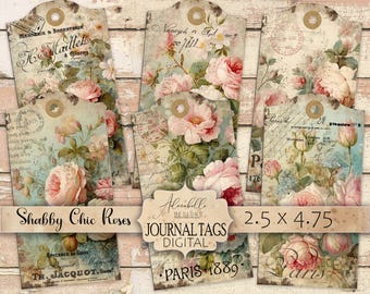 Shabby Chic Roses Journal Tags: French Farmhouse Collage (Digital Download)