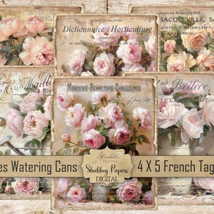 Roses françaises shabby chic, bricolage numérique 4 x 5 papiers indésirables, mini panneaux, cartes, étiquettes, plateau à plusieurs niveaux, artisanat de ferme rustique, chalet, arrosoirs