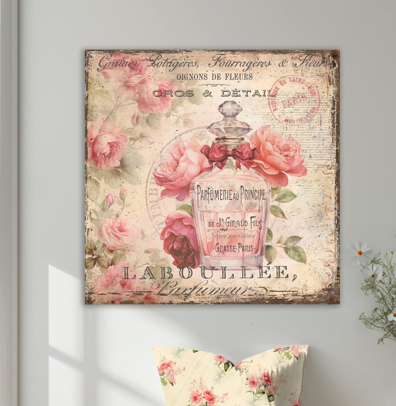 French Perfume Bottle Print: Shabby Chic Pink Roses (digital Download ...