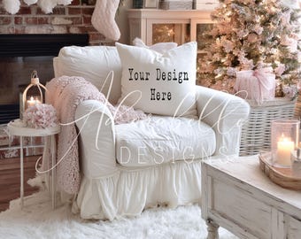 Maqueta de sala de estar navideña estilo shabby chic: Foto de chimenea rosa navideña (descarga digital)