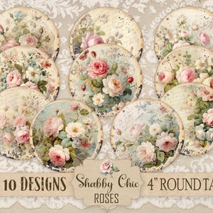 Etiquetas adhesivas redondas de 10 cm para diario basura, imprimibles con rosas shabby chic, estilo rústico, estilo granja francés, tarjetas, álbumes de recortes, manualidades de cabañas.
