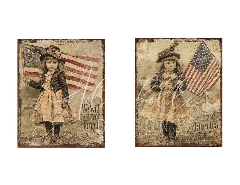 Puede incluir: Dos impresiones de estilo vintage que muestran a una ni&ntilde;a con una bandera estadounidense. La ni&ntilde;a lleva un vestido y un sombrero. Una impresi&oacute;n incluye el texto "We will never forget". La otra impresi&oacute;n tiene el texto "America". Ambas impresiones tienen un aspecto envejecido.