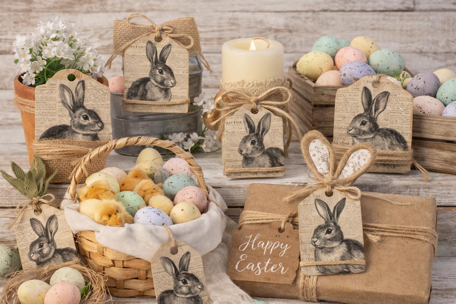Rustic Bunny Tags Printable | Farmhouse Easter Labels | Vintage Rabbit ...