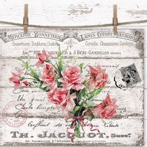 Pink Roses Wall Art Printable Sign, Farmhouse French Decor Shabby Chic DIY Fabric Transfer JPG PNG Roses Sign, Tiered Tray Cottagecore