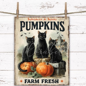 May include: A vintage-style sign featuring three black cats perched on pumpkins. The sign reads "Whiskers & Wicks PUMPKINS FARM FRESH" with a spooky house and bats in the background. The sign is hanging from a clothesline.