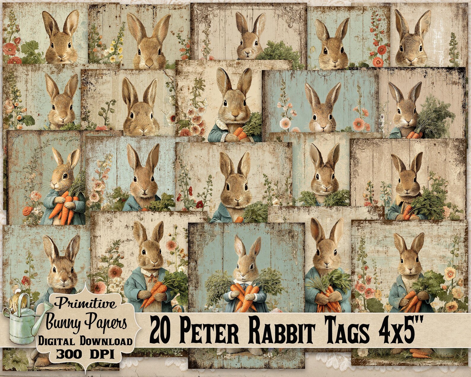 Primitive Vintage Bunny Tags 4x5 Digital Download: 20 Rustic Peter ...
