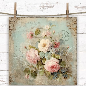 Shabby Chic Printable Wall Art Country French DIY Pink Cabbage Rose Bouquet 10X10 Digital Farmhouse Rustic Print Cottage Core Junk Journal